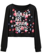 Shein Black Floral Print Crop Sweatshirt