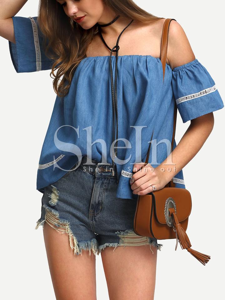 Shein Blue Off The Shoulder Short Sleeve Crochet Lace Blouse