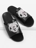 Shein Tiger Embroidery Pu Flat Slippers