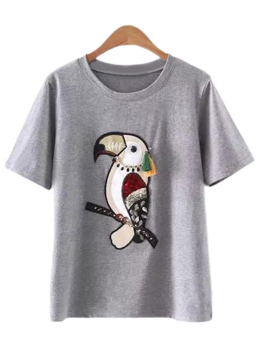 Shein Grey Short Sleeve Diamond Tassel Bird Sequined T-shirt