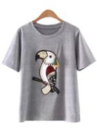 Shein Grey Short Sleeve Diamond Tassel Bird Sequined T-shirt