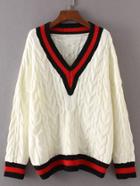 Shein Contrast V Neckline Cable-knit Sweater