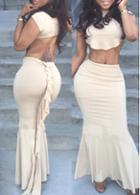 Rosewe Khaki Crop Top And Skirt Two Pieces Dress