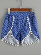 Shein Blue Vintage Print Contrast Pom Pom Shorts