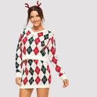 Shein Christmas V-neck Argyle Sweater & Bodycon Sweater Skirt Set