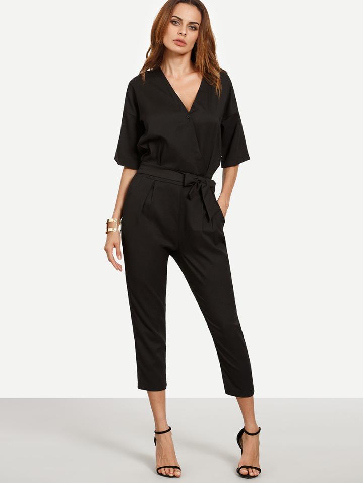 Shein Black Surplice Front Self Tie Jumpsuit