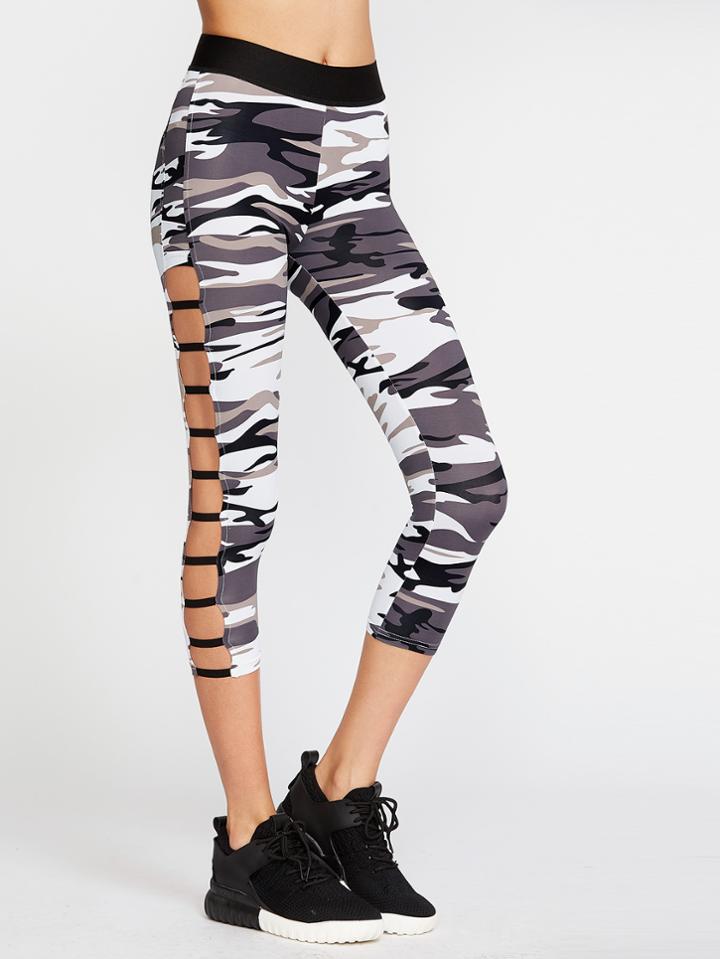 Shein Camo Print Ladder Cutout Crop Leggings