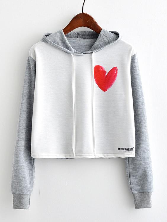 Shein Contrast Sleeve Heart Print Hoodie