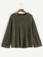 Shein Army Green Drop Shoulder Hollow Cuffed Frayed Sweater
