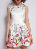 Shein White Crew Neck Floral A-line Dress