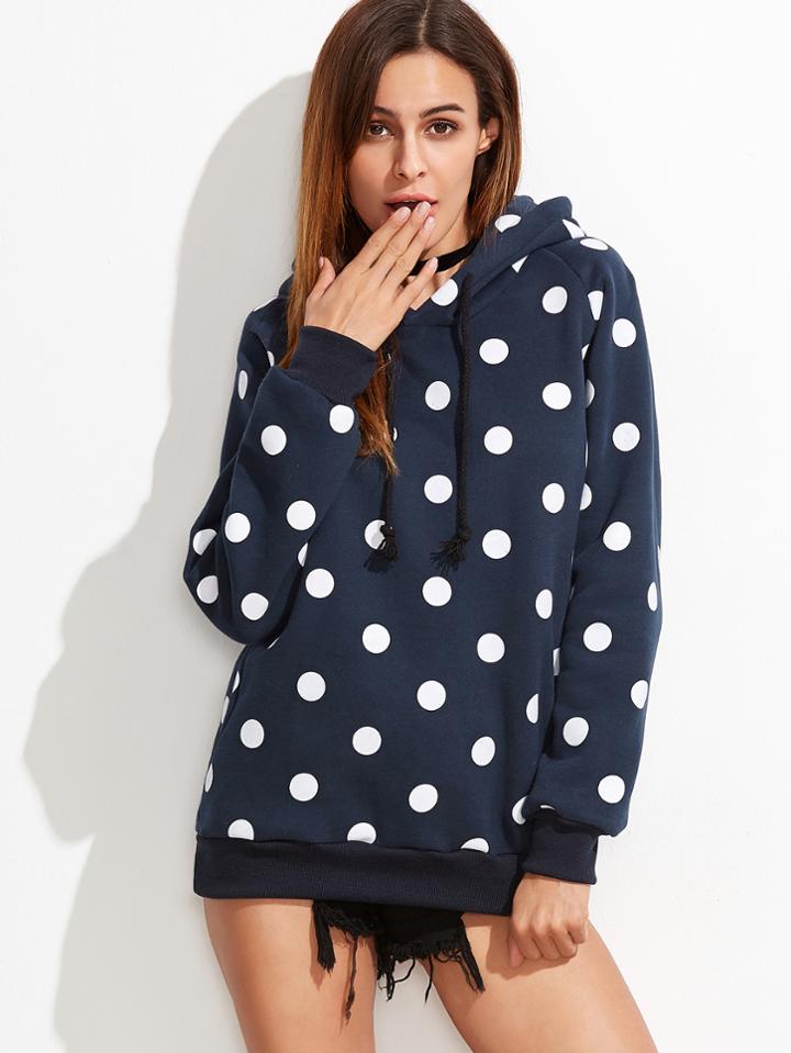 Shein Navy Polka Dot Hooded Raglan Sleeve Ribbed Trim Sweatshirt