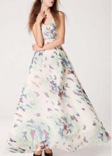 Rosewe Printed Chiffon V Neck Sleeveless High Waist Maxi Dress