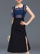 Shein Black Boat Neck Backless Sleeveless Contrast Crochet Thigh Split Dress