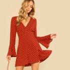 Shein Bell Cuff Split Back Polka Dot Dress