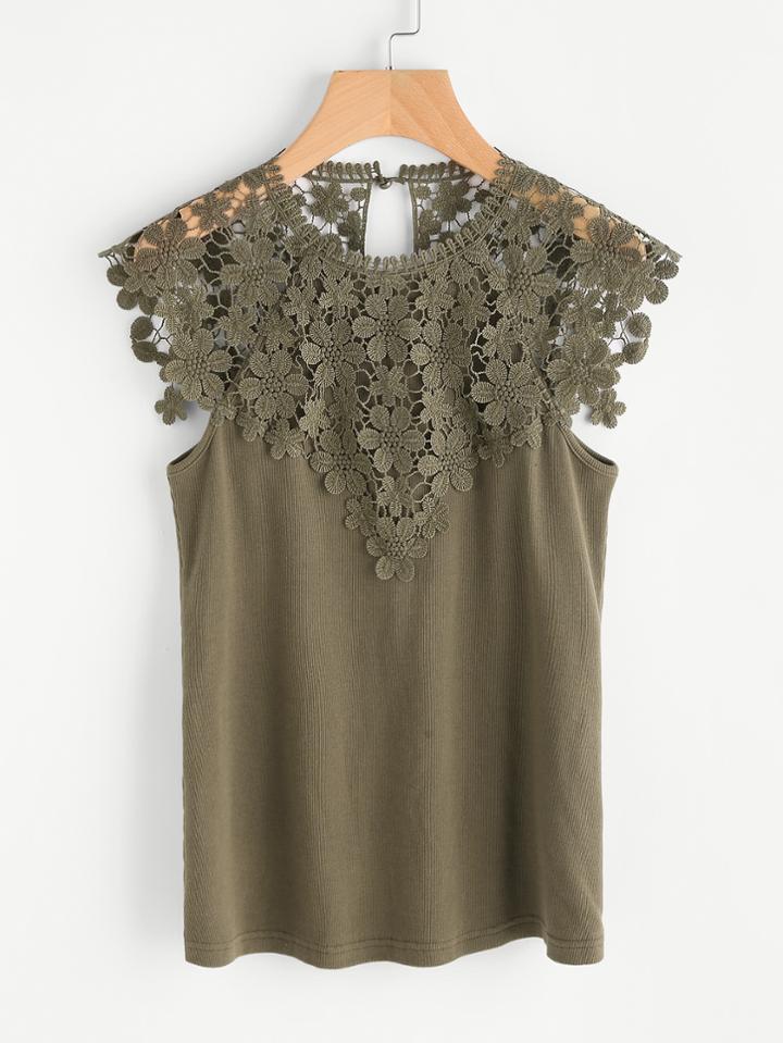 Shein Guipure Lace Yoke Ribbed Tee