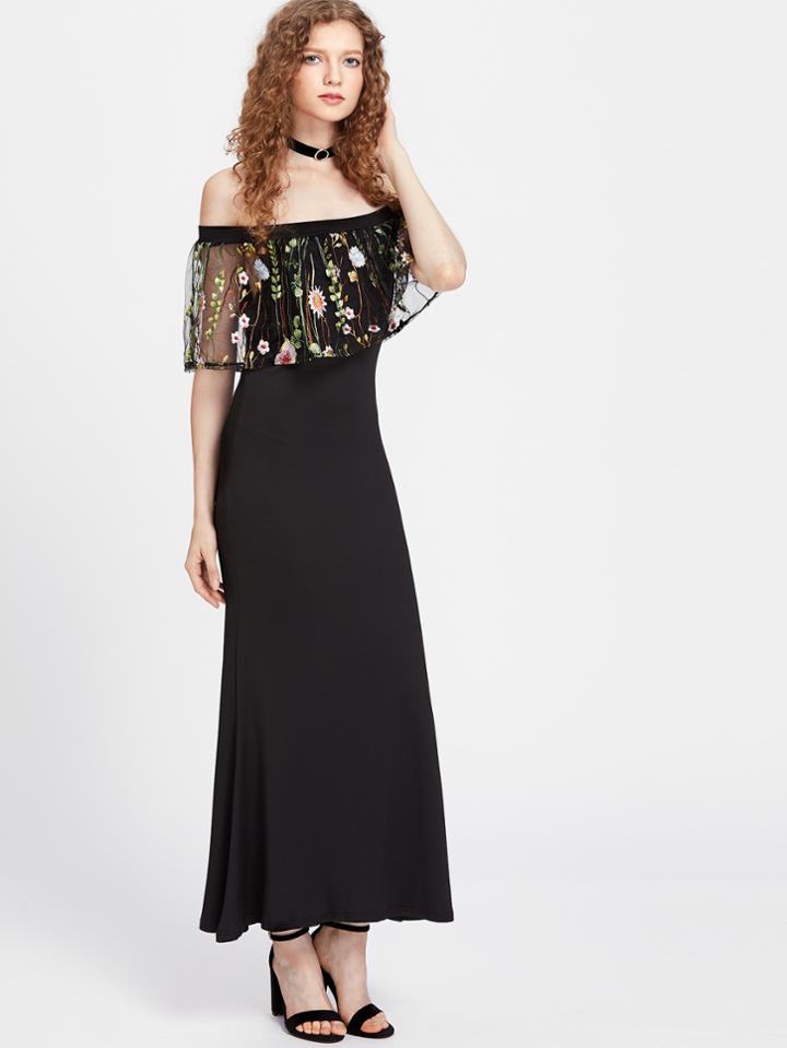 Shein Embroidered Mesh Flounce Layered Neckline Dress