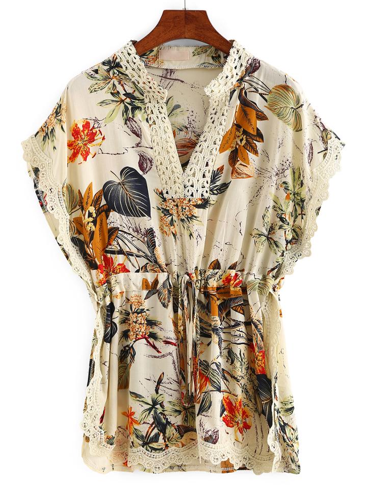 Shein Lace Trimmed Drawstring Waist Leaf Print Blouse