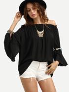 Shein Black Off The Shoulder Bell Sleeve Pom Pom Pleated Shirt