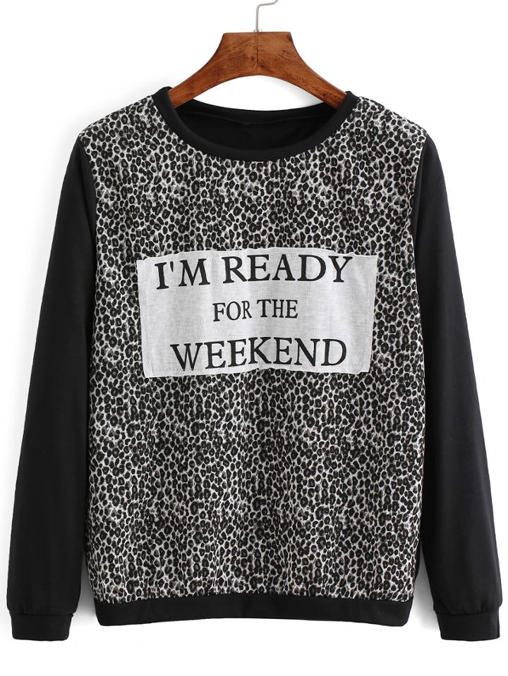 Shein Black Crew Neck Leopard Patch Sweatshirt
