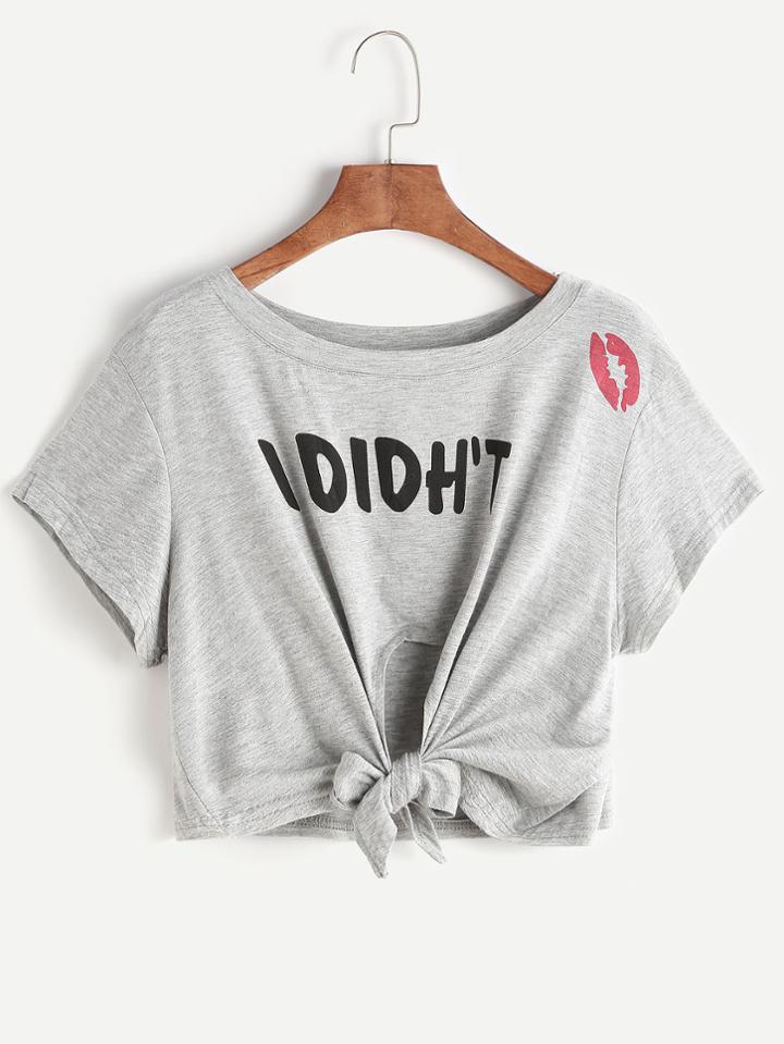 Shein Heather Grey Letter Print Knotted Hem Crop T-shirt