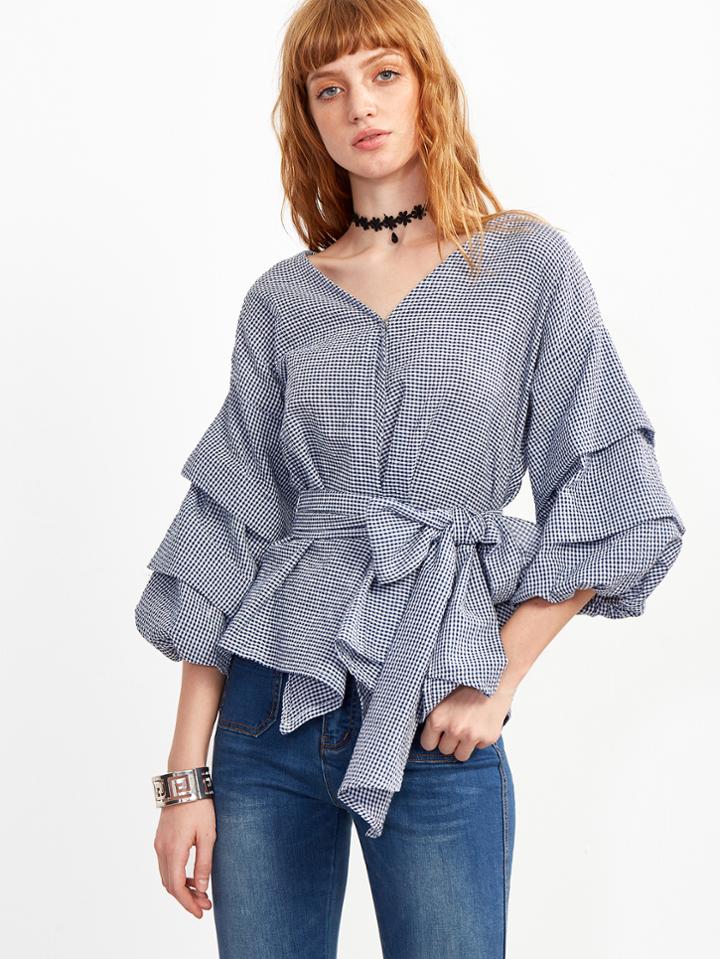Shein Blue Plaid Layered Lantern Sleeve Bow Tie Waist Blouse