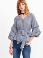 Shein Blue Plaid Layered Lantern Sleeve Bow Tie Waist Blouse