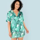 Shein Plus Jungle Leaf Print Notch Neck Shirt And Shorts Pj Set