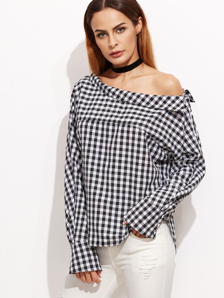 Shein Black Gingham Asymmetric Foldover Off The Shoulder Blouse