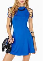 Rosewe Stylish Round Neck Solid Blue A Line Dress