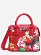Shein Red Flower Print Studded Structured Satchel Bag