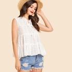 Shein Laser Cut Frill Trim Tie Neck Top