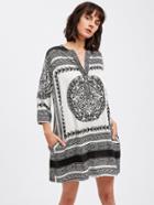 Shein Mandala Print Button Front V Neckline Blouse