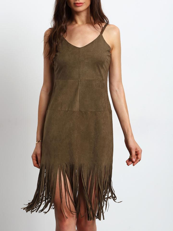 Shein Army Green Spaghetti Strap Tassel Slim Dress