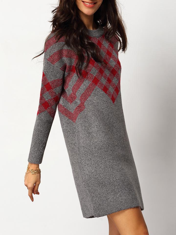Shein Grey Crew Neck Geometric Print Sweater Dress
