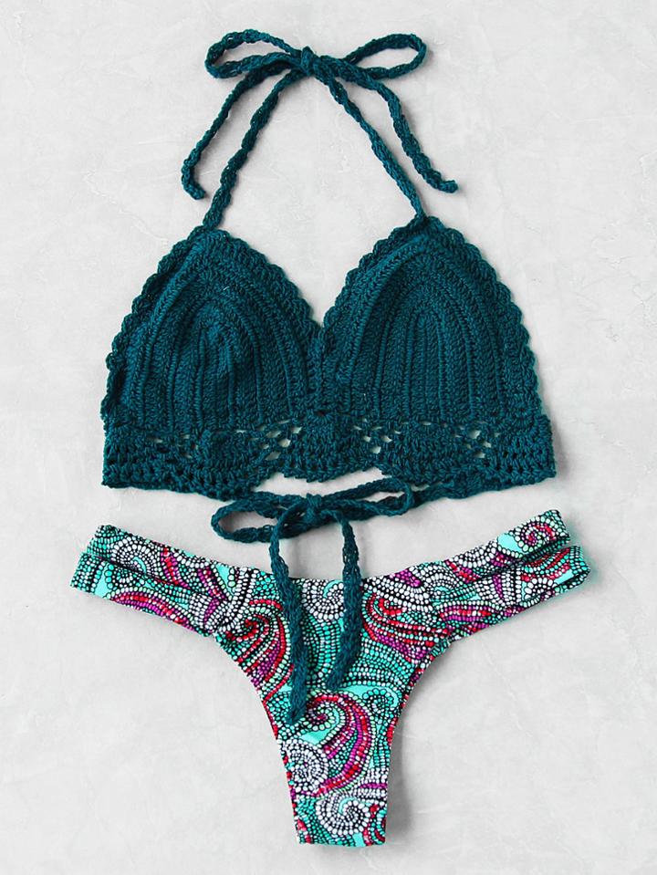 Shein Graphic Print Crochet Bikini Set
