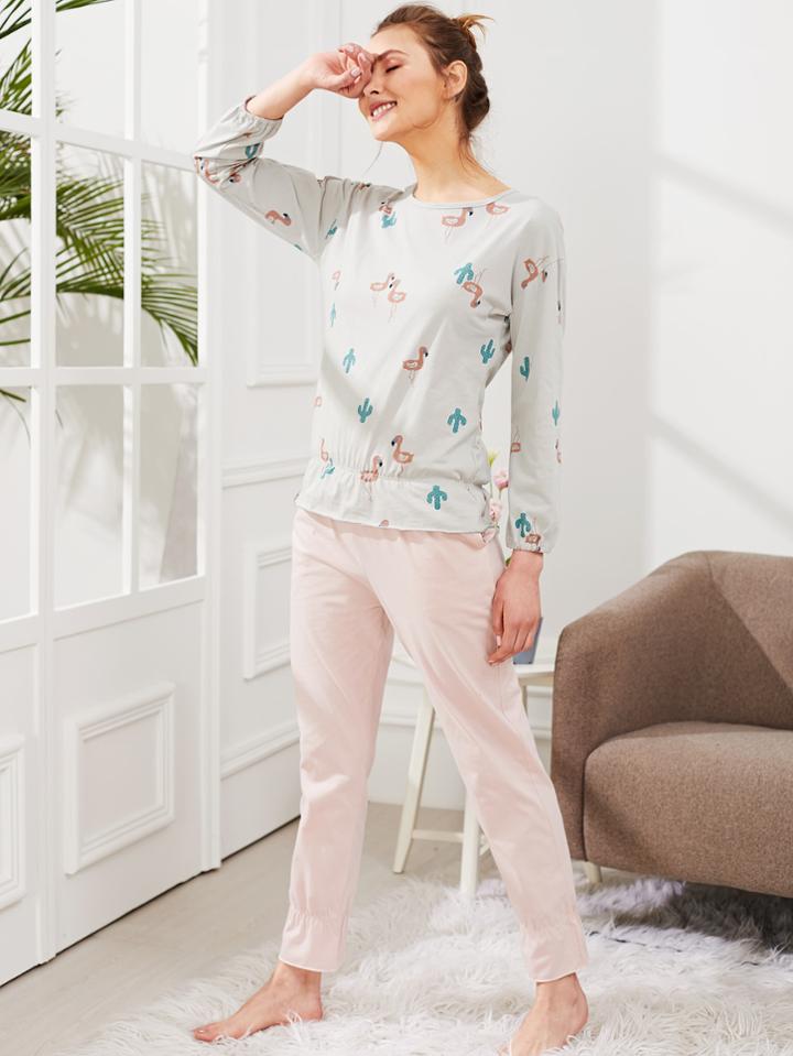 Shein Flamingo Print Tee & Pants Pj Set