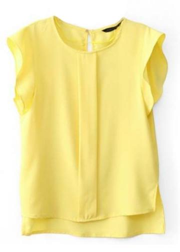 Shein Yellow Ruffles Short Sleeve Dipped Hem Blouse