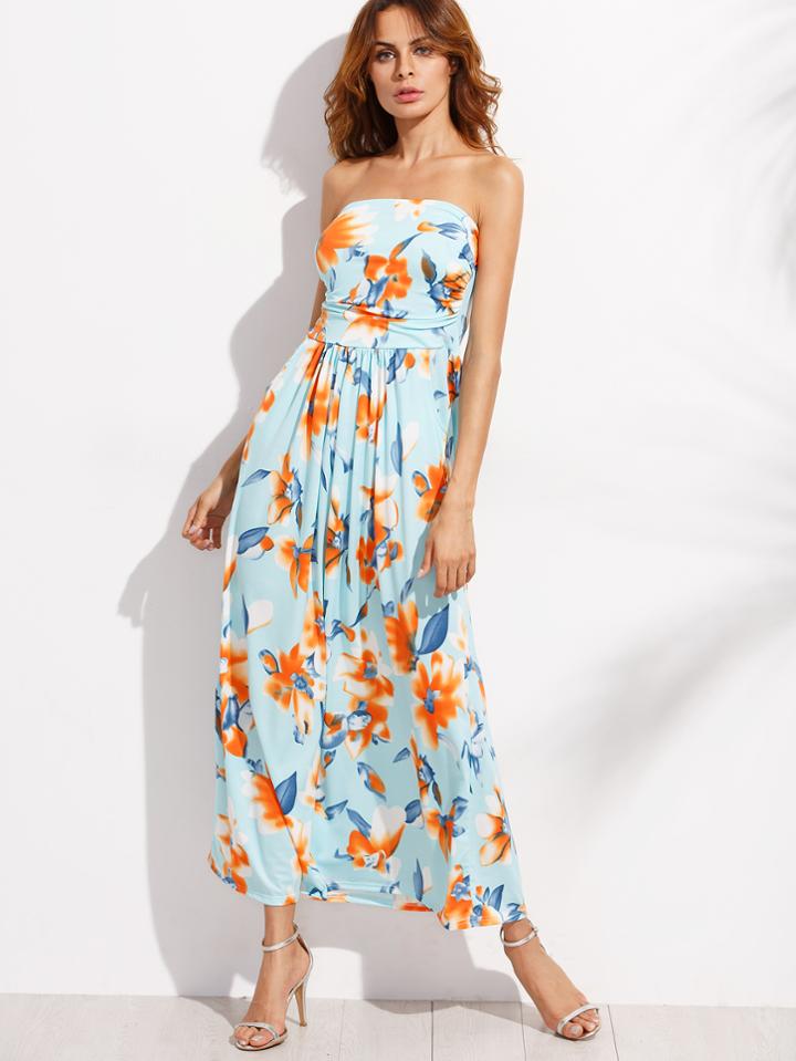Shein Blue Flower Print Ruched Bandeau Dress