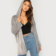 Shein Open Front Hooded Faux Fur Coat