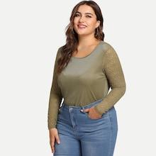 Shein Plus Lace Sleeve Ribbed Knit Tee