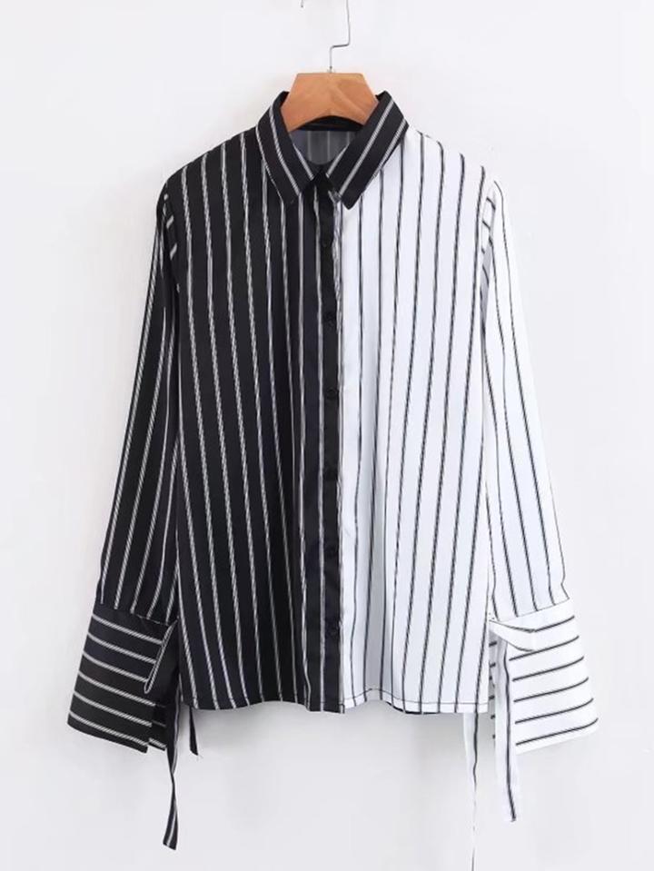 Shein Tied Cuff Spliced Striped Blouse