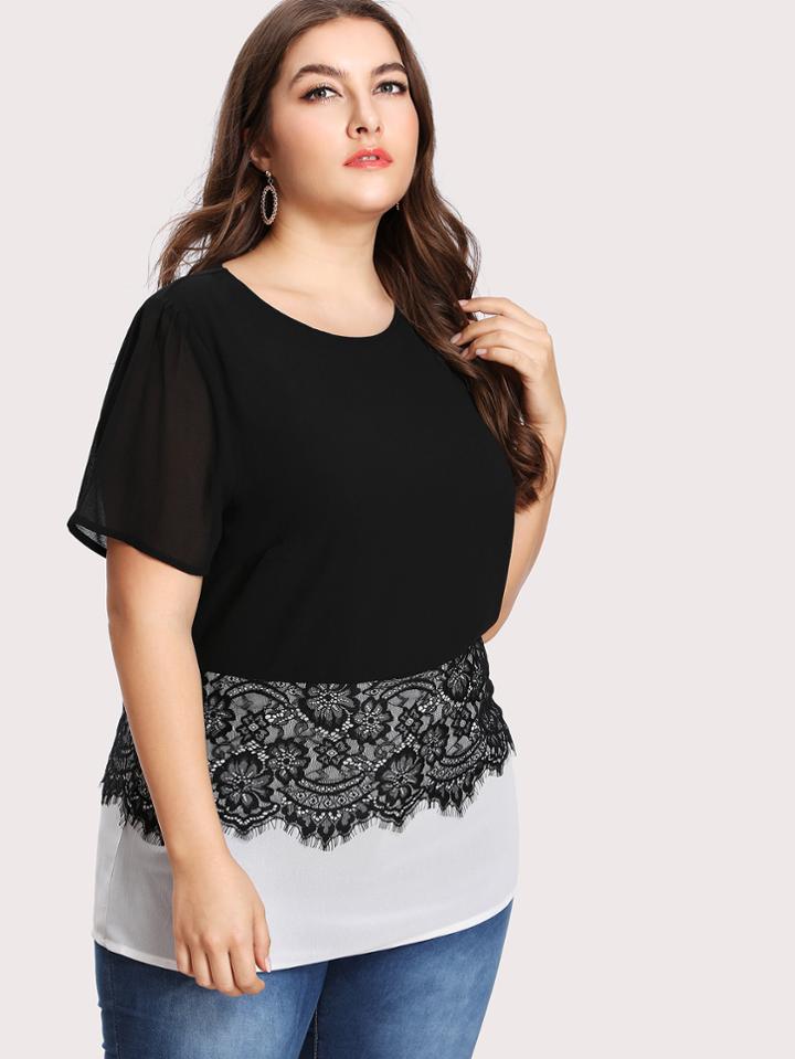 Shein Two Tone Eyelash Lace Detail Blouse