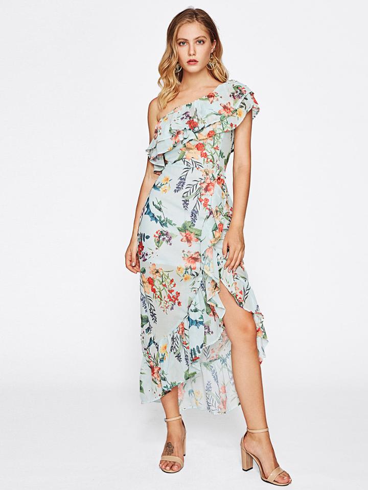 Shein Oblique Shoulder Ruffle Tiered Asymmetrical Hem Dress