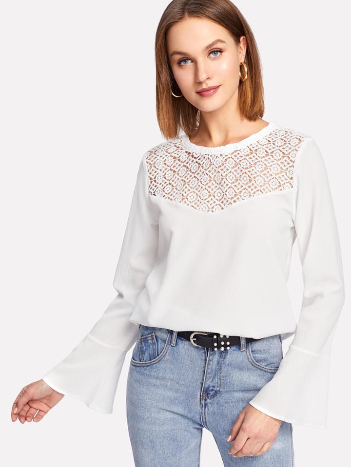Shein Geo Lace Insert Ruffle Cuff Blouse