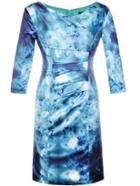 Shein Blue V Neck Flowers Print Pleated Sheath Dress