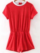 Shein Red Contrast Neck Elastic Waist Romper