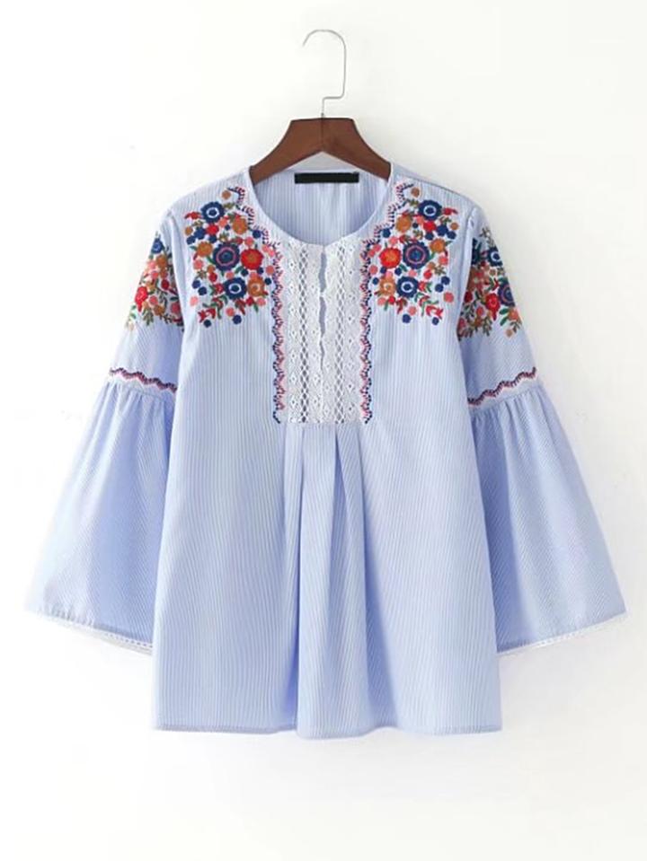 Shein Contrast Lace Bell Sleeve Pinstripe Blouse