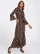 Shein Block Striped Tie Waist Fluted Sleeve Dress