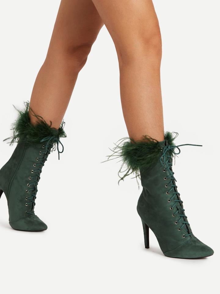 Shein Faux Fur Point Toe Lace Up Ankle Boots