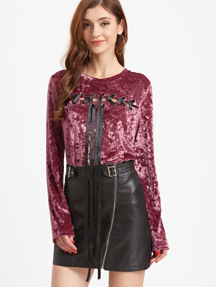 Shein Purple Split Lace Up Front Velvet Top